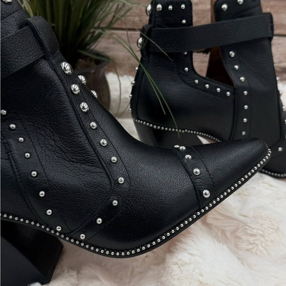 Antonio Melani Black Leather Block Heel Studded Ankle Boots with Buckle closure - Picture 10 of 16
